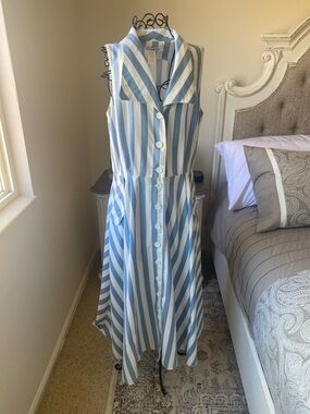 Vintage 1960 Lew Magram Sleeveless Blue and White Cotton Dress